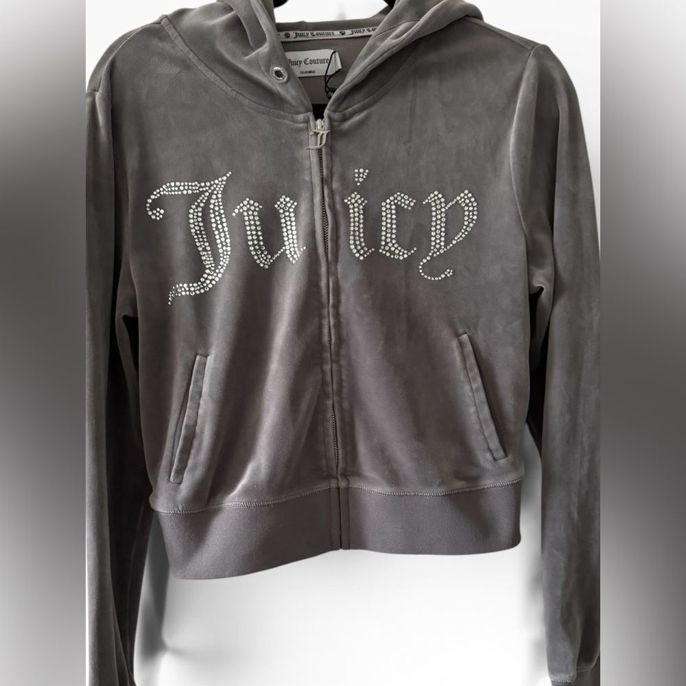 Juicy Couture Silver-Gray Velour Hoodie with Crystal Juicy Logo- M